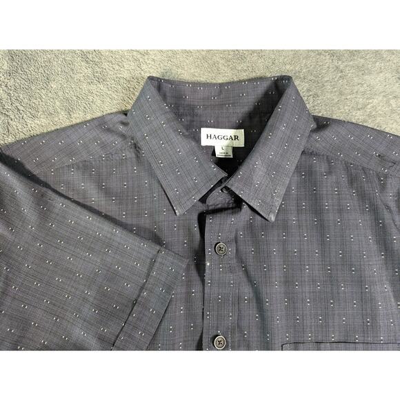 Haggar Short Sleeve Button Down Men’s Shirt Size L Dark Grey Line Design Pattern - Picture 2 of 7